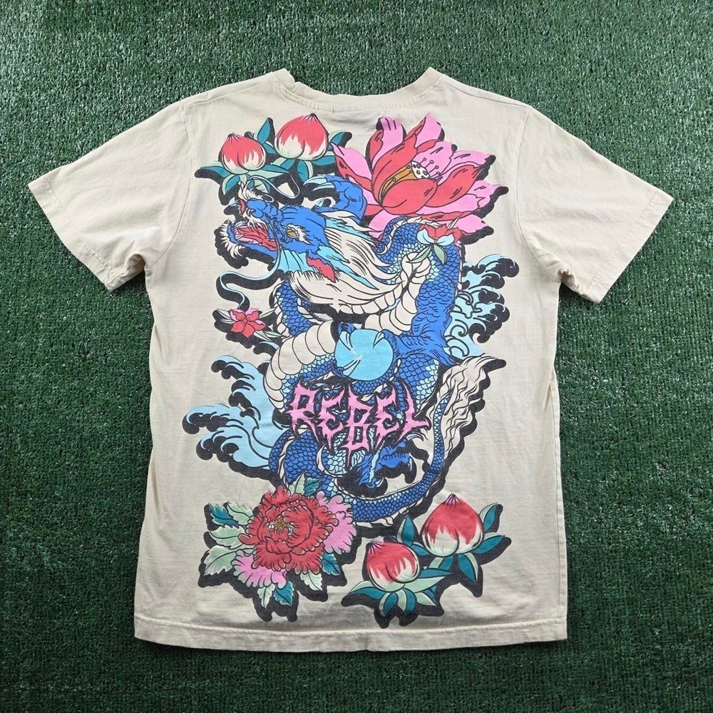 Rebel Vengeance Mens Dragon Graphic T-Shirt Tan Short Sleeve Kanji Size M
